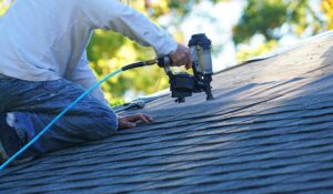 A person in safety gear using a leaf blower to remove leaves from a house roof on a clear day.